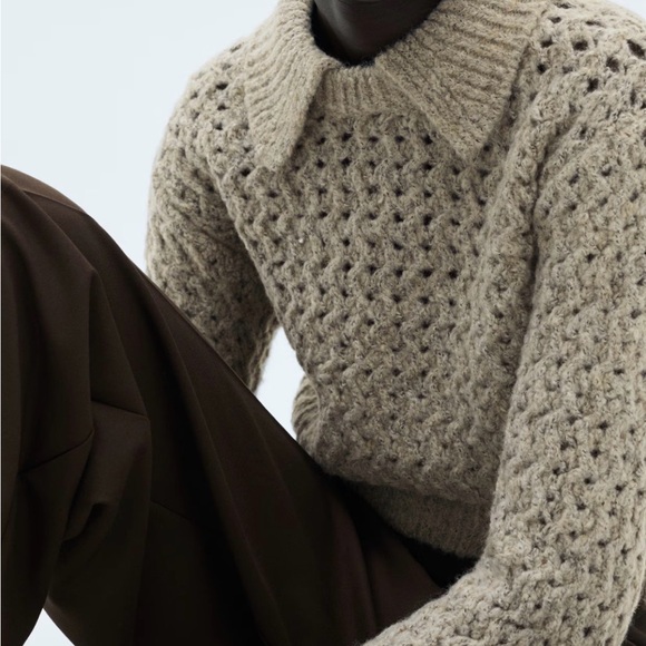 Mango Sand Open-Knit Collared Sweater - Picture 4 of 5